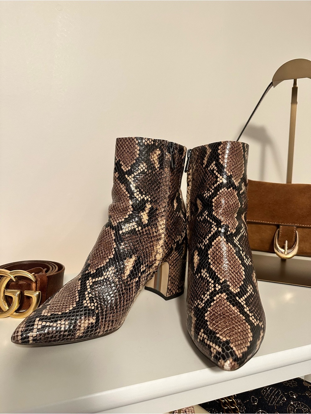 Sam Edelman Snake-Print Pointed Toe Ankle Boots in Brown
